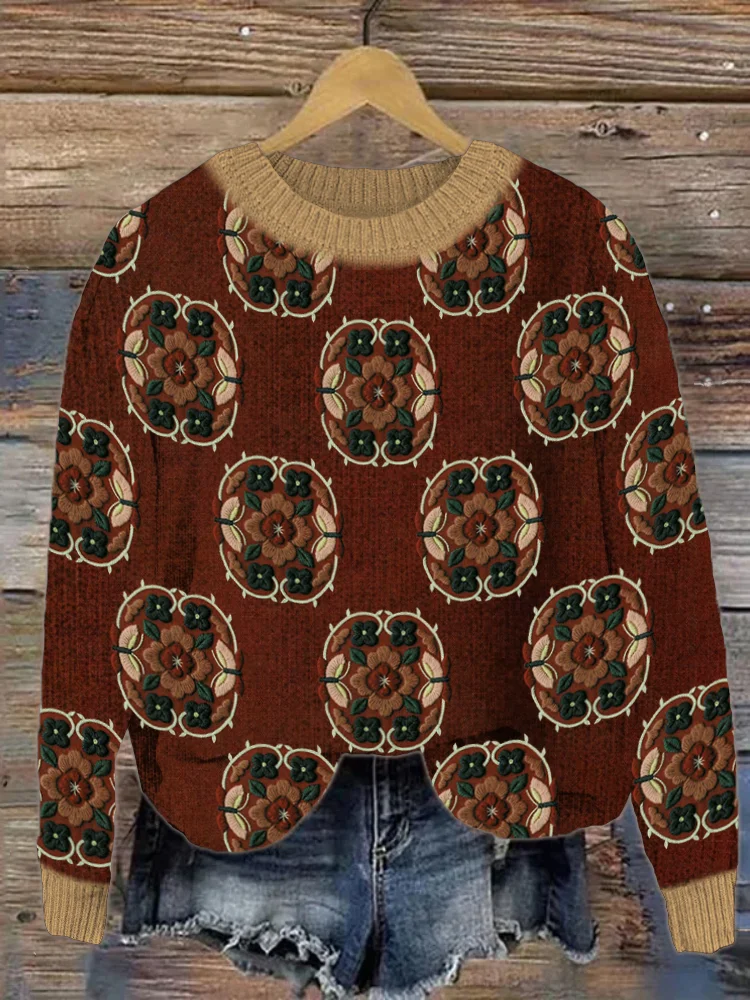 🔥kukelife🔥Vintage Floral Embroidery Print Cozy Sweater