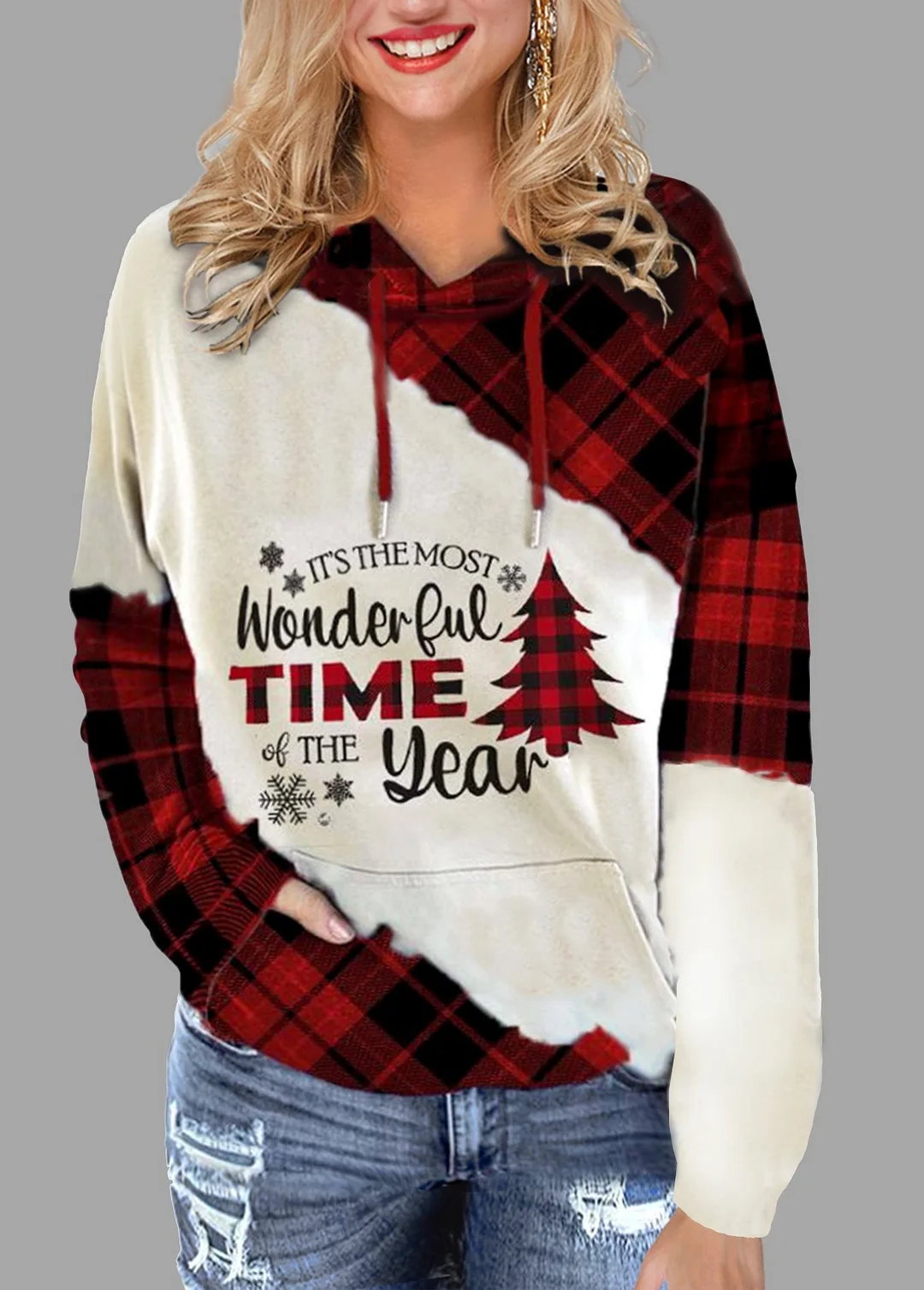 Christmas Tree Plaid Printed Women's Casual Hoodie