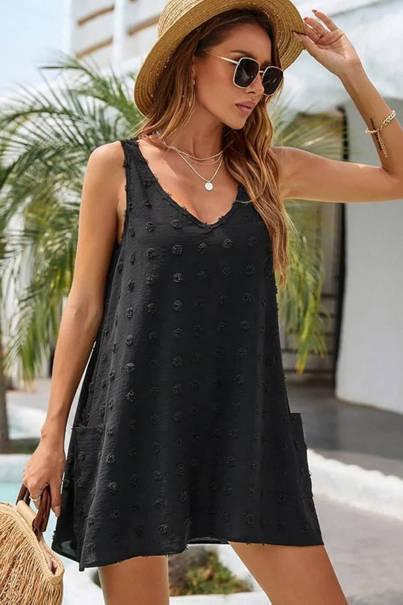 Casual Polka Dot V Neck Tank Dress with Pockets Beach Cover Up