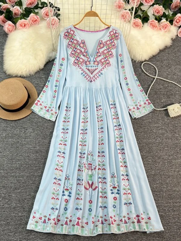 Women's Bohemian Dress Ethnic Embroidered Floral V-Neck Long Maxi Dress