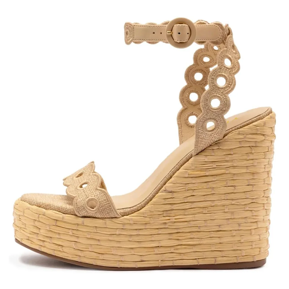 YDN Beige Fabric Open Toe Cut-Out Strap Platform Wedge Sandals