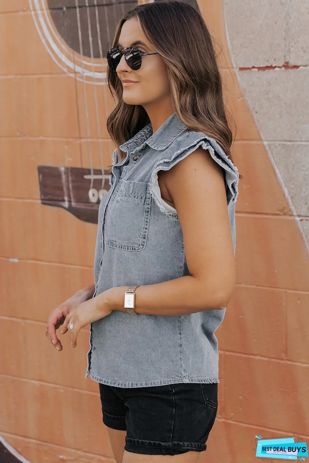 Frayed Ruffle Sleeve Denim Shirt