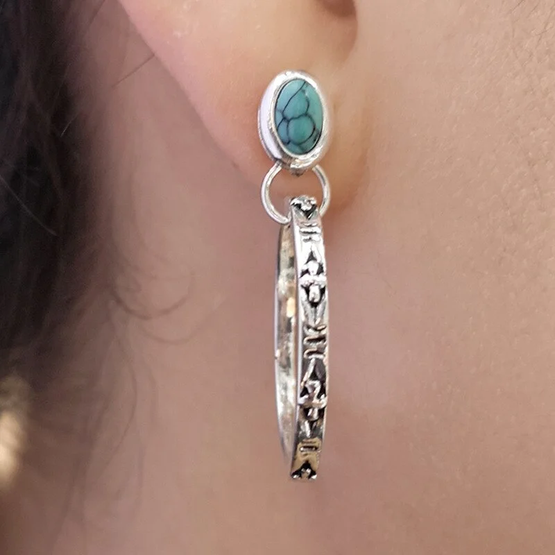 Vintage Oval Imitation Green Stone Boho Earrings Vintage Jewelry Antique Silver Color Metal Hollow Round Dangle Earrings Female