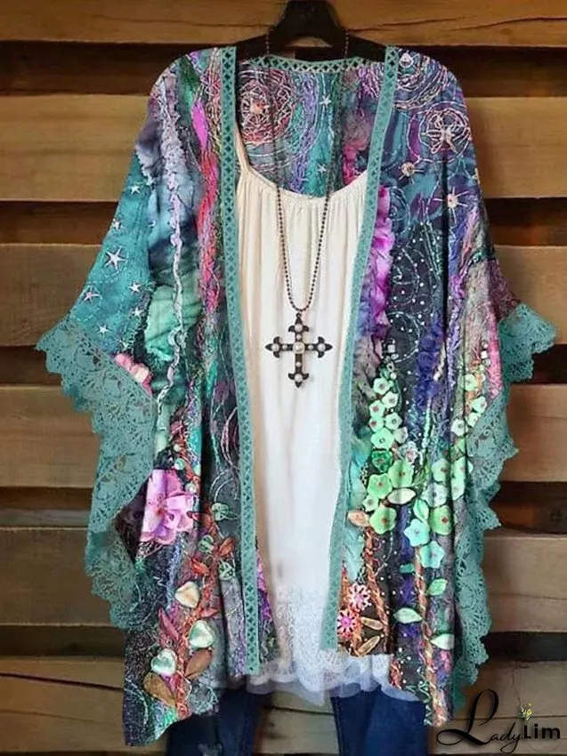 Womens Plus Size Coats - Floral Outdoor Holiday Half-Sleeve Open Front Regular Winter Fall