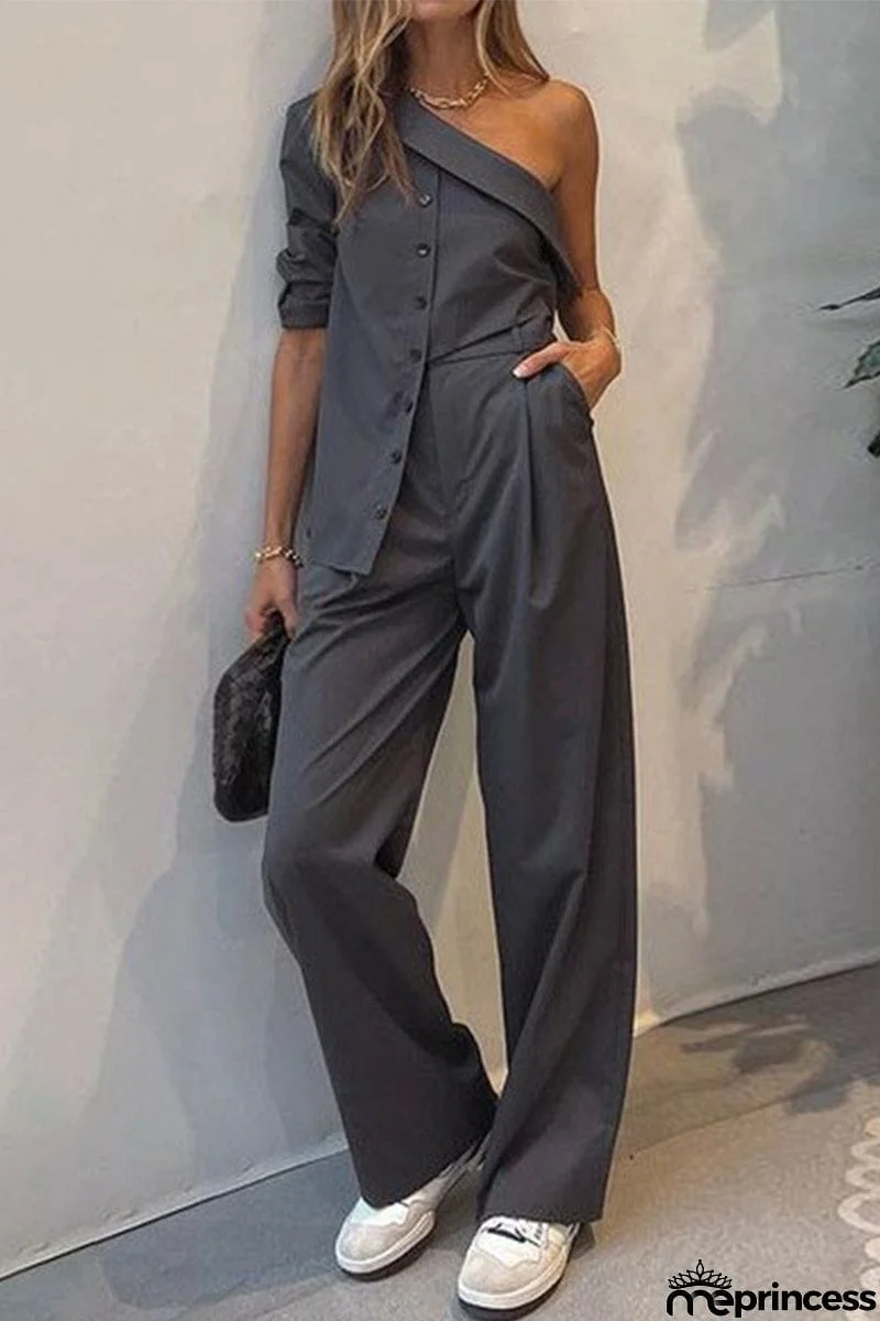 Casual Work Solid Asymmetrical Oblique Collar Two Pieces