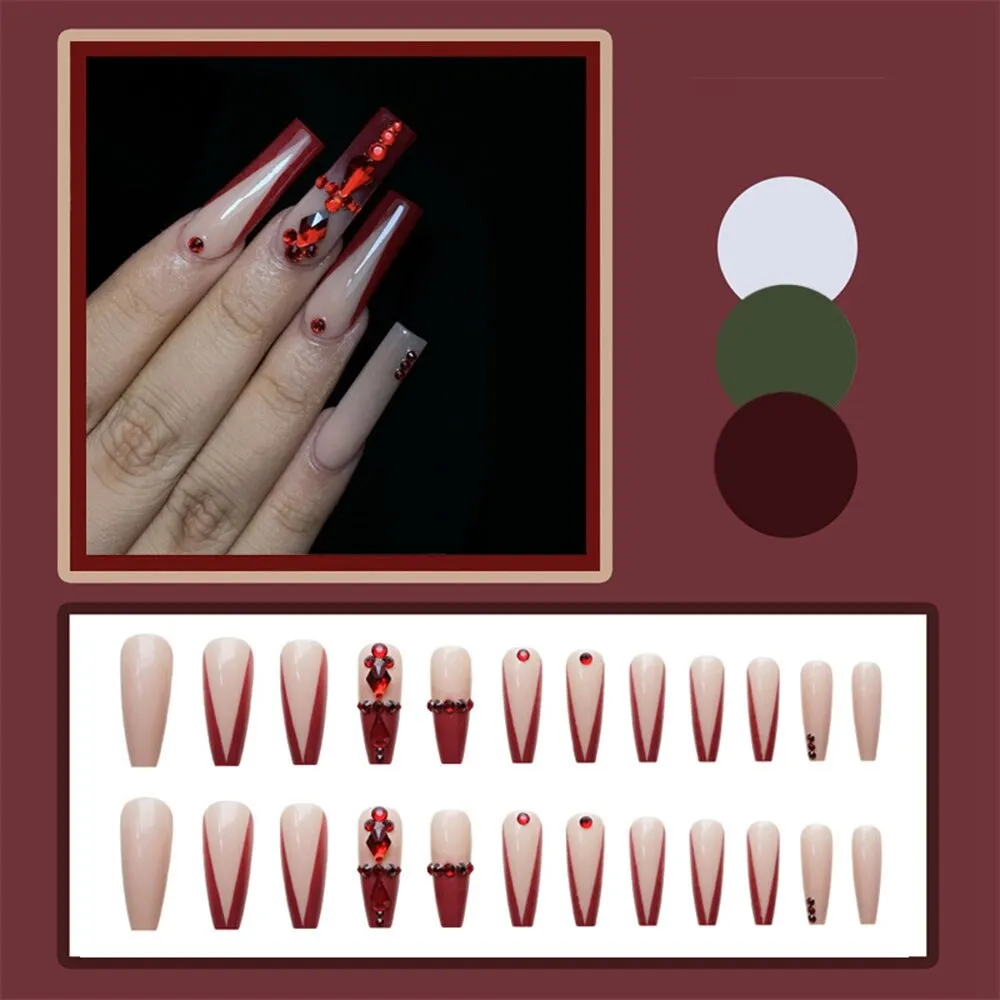 24Pcs Long French Ballerina False Nails With Rhinestone Design Wearable Coffin Fake Nails Full Cover Nail Tips Press On Nails-Nail Inspo