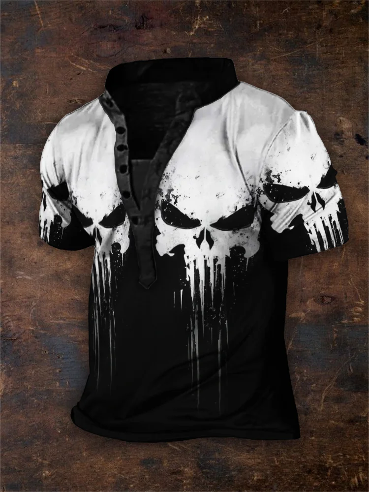 Broswear Men's Skulls Graffiti Contrast Color Henley Shirt