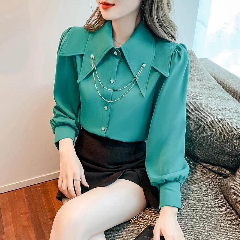 Jangj Spring Summer New Korean Pointed Collar Puff Sleeve White Shirt Long Sleeve Metal Chain Solid Blouse Women's Casual Shirt