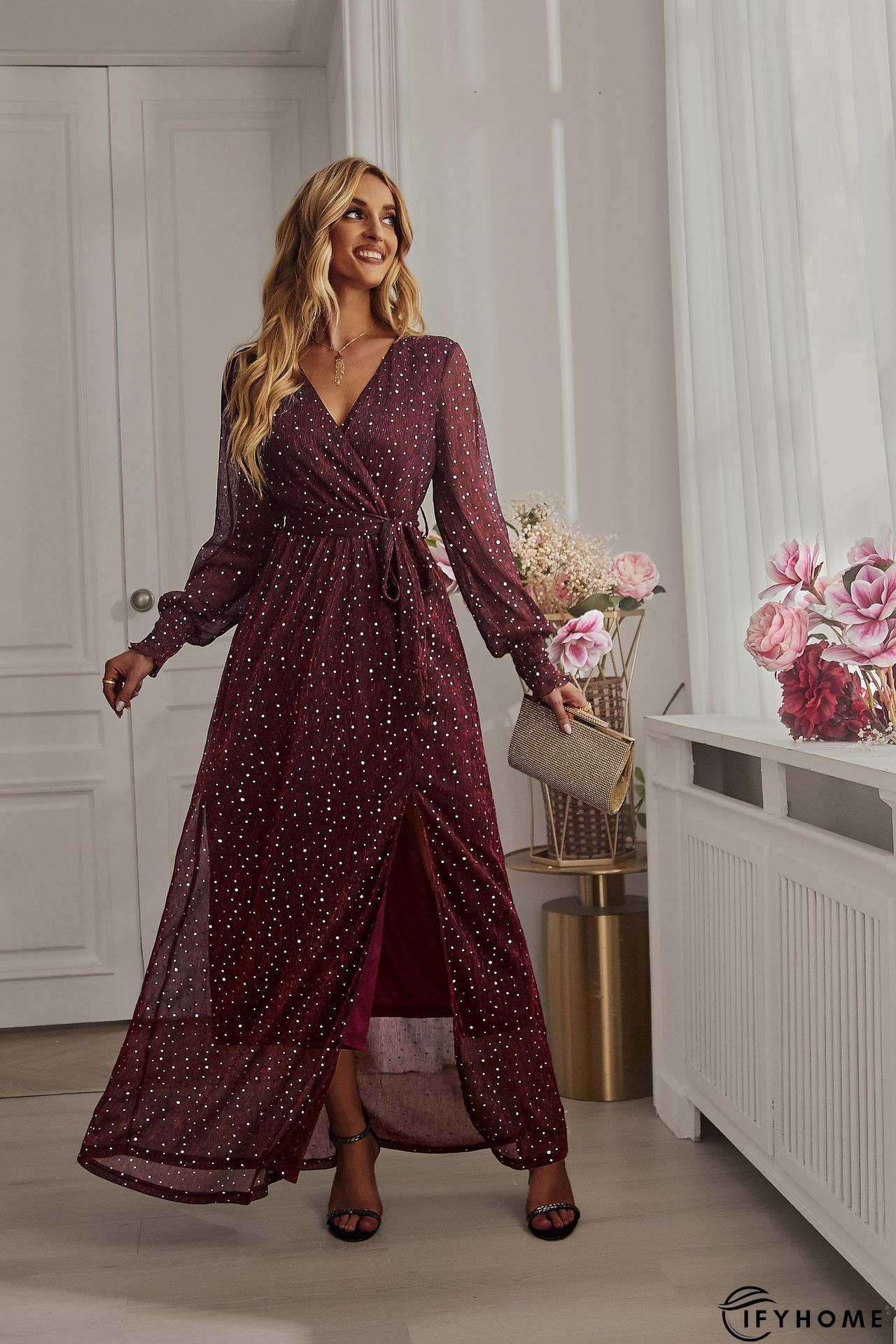 Party Solid Sequins V Neck Evening Dress Dresses | IFYHOME