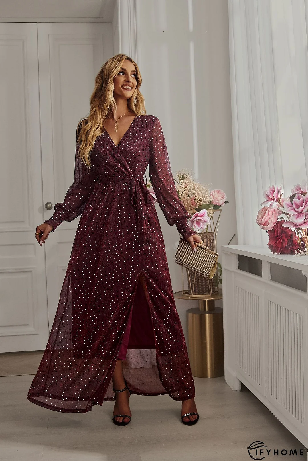 Party Solid Sequins V Neck Evening Dress Dresses | IFYHOME