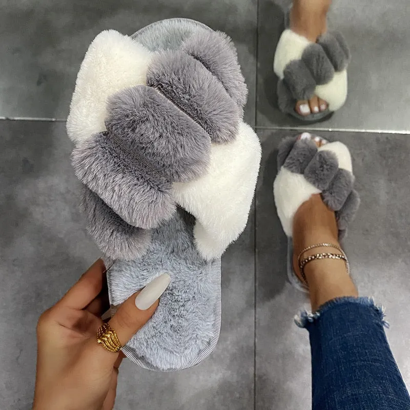 Newest Mixed Colors Fluffy Slippers Autumn Winter Home Slippers Women Furry Fur Slides Outdoor Women's Sandals 2021 Flip Flops