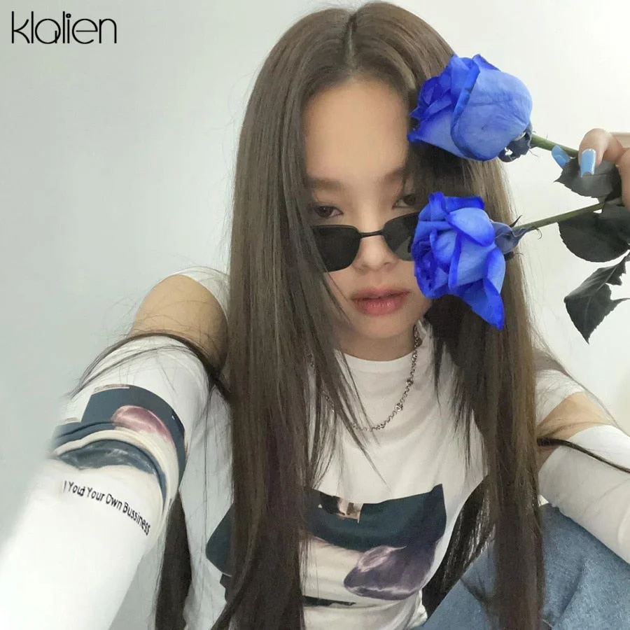 KLALIEN Women Casual White Print Slim Skinny Stretch Removable Sleeves O Neck Female T Shirt 2022 New Spring Summer Women Top