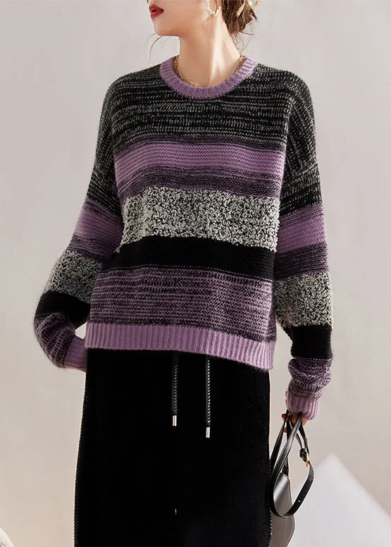 Women Purple O Neck Patchwork Cozy Cotton Knit Sweaters Fall