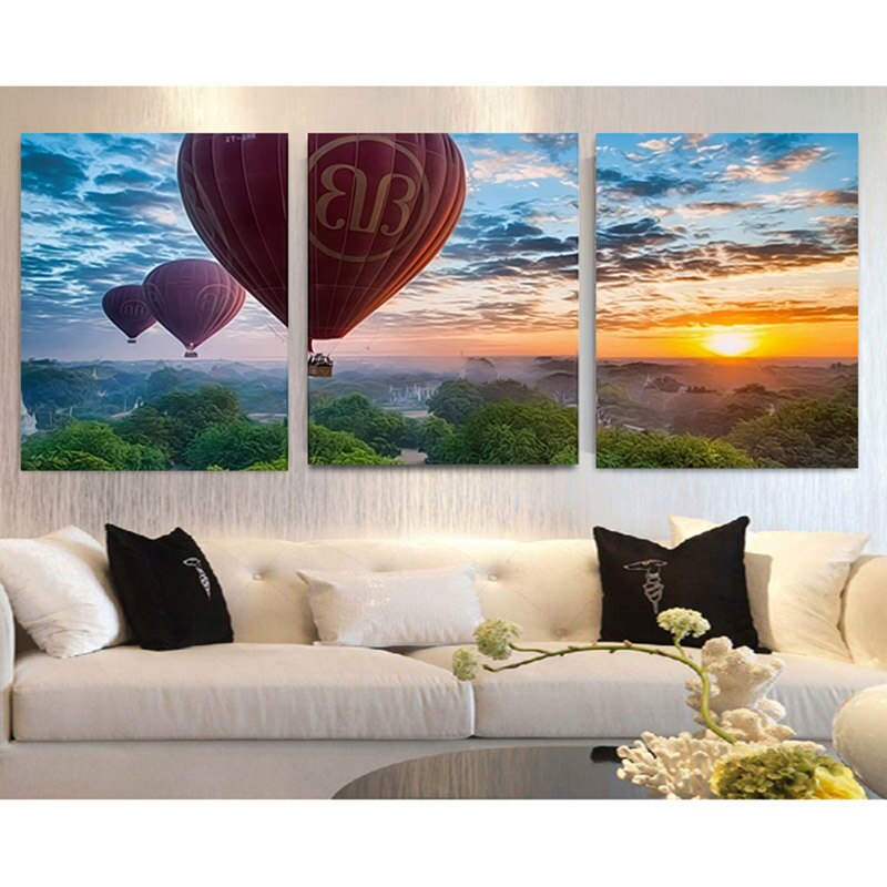 40X50CM home decor Hand painted canvas Triptych oil paintings wall pictures for living room balloon sunset painting by number