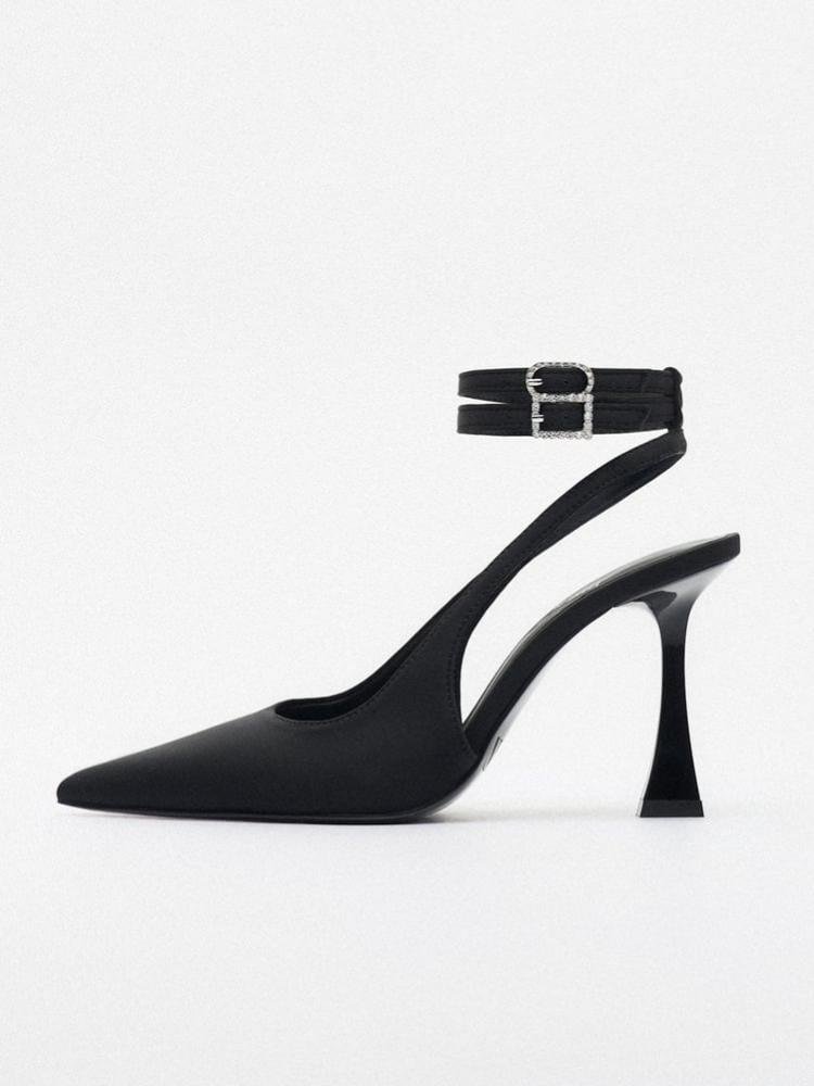 Classic Elegant Black Slingback Double Strap Rhinestone Buckle Flare-Heel Pointed-Toe Pumps