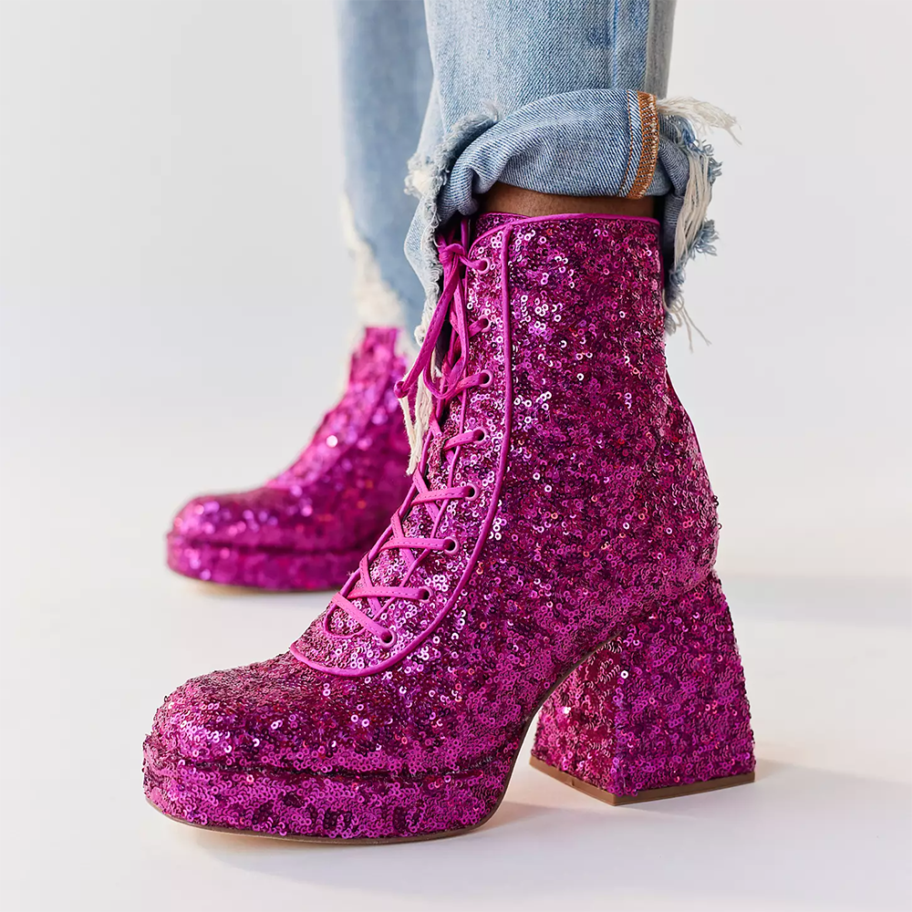 Fuchsia Round Toe Heels Boots Platform Lace Up  Ankle Boots