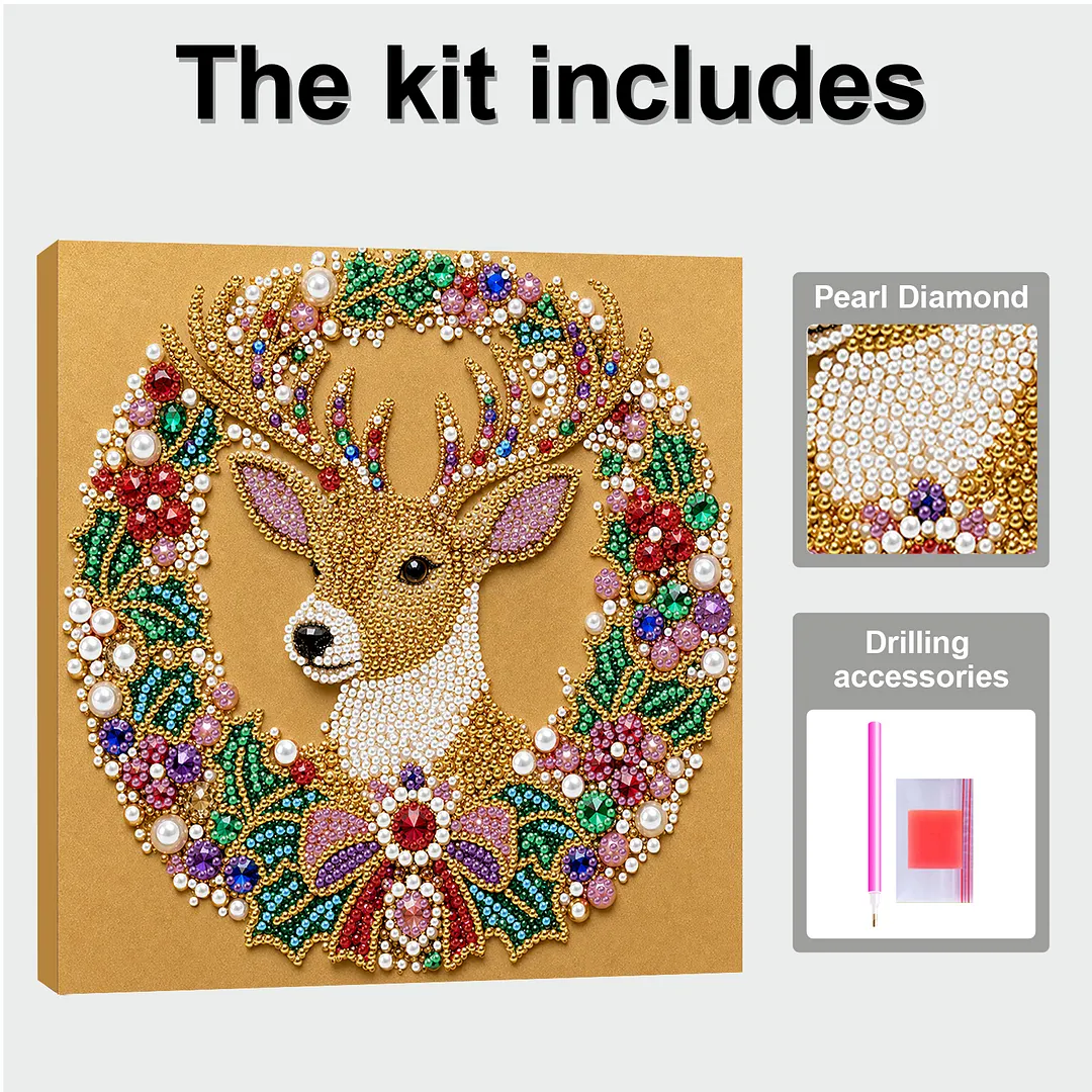 Christmas Reindeer Wreath Framed Pearl Painting Kit 25x25cm for Adults