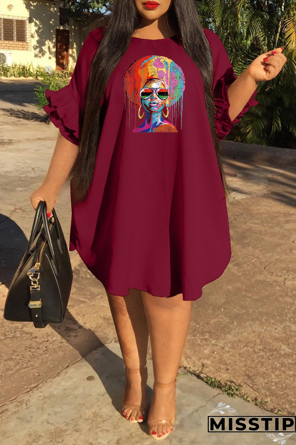 Pink Fashion Print Flounce O Neck Straight Plus Size Dresses