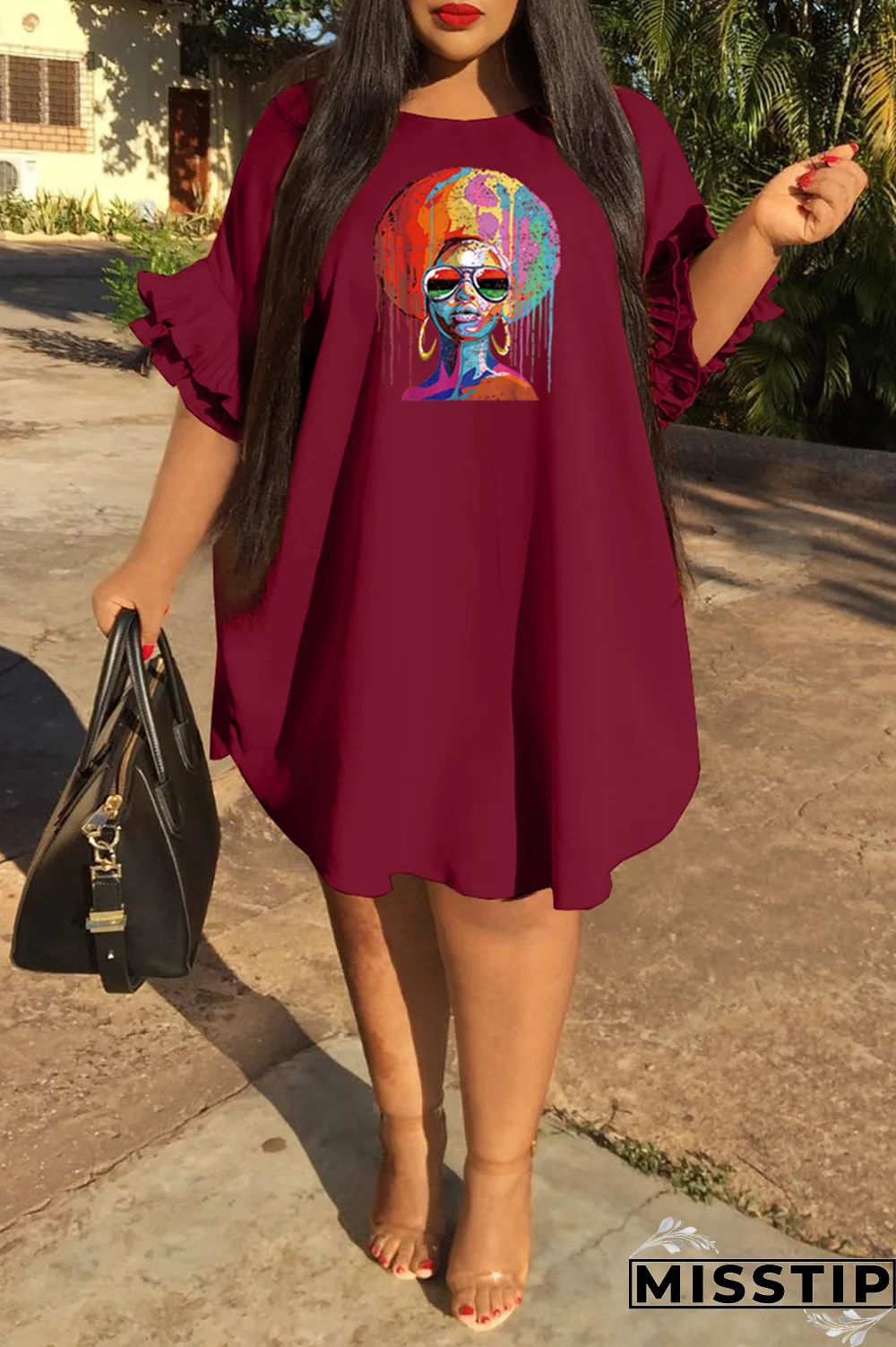 Pink Fashion Print Flounce O Neck Straight Plus Size Dresses