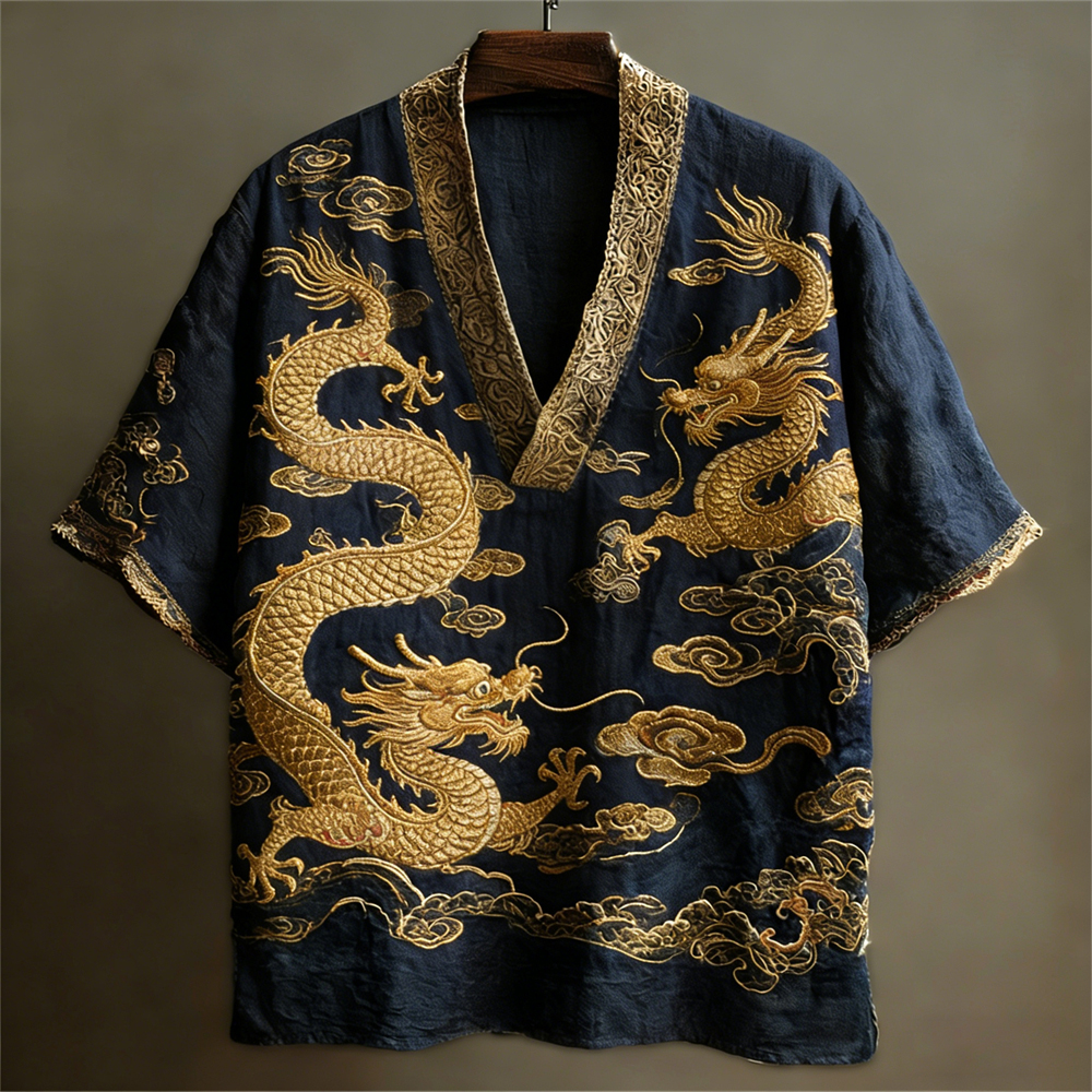 Japanese Dragon Totem Art Linen V-neck Shirt  artssus