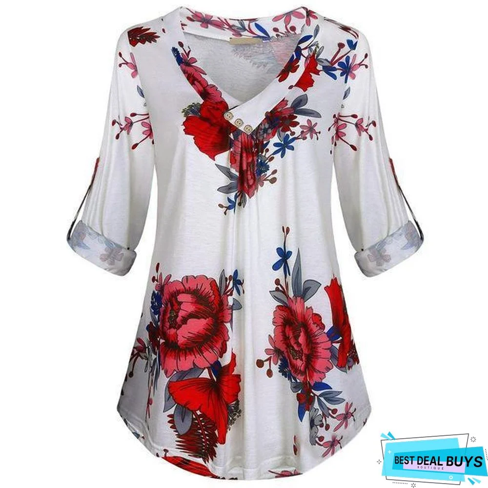 Plus Size Women Tunic Shirt Floral Print V-neck Blouses and Tops