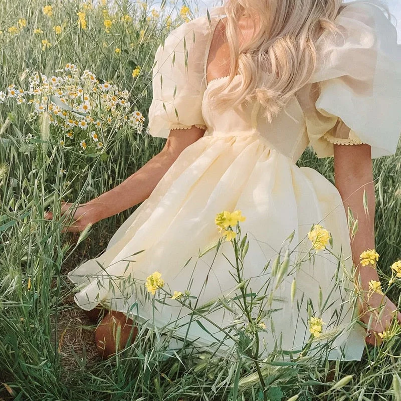 Women's Elegant Puff Sleeve Off Shoulder Tulle Princess Dress Mesh Ruffle Mini Short Dress For Wedding Cocktail Party Prom