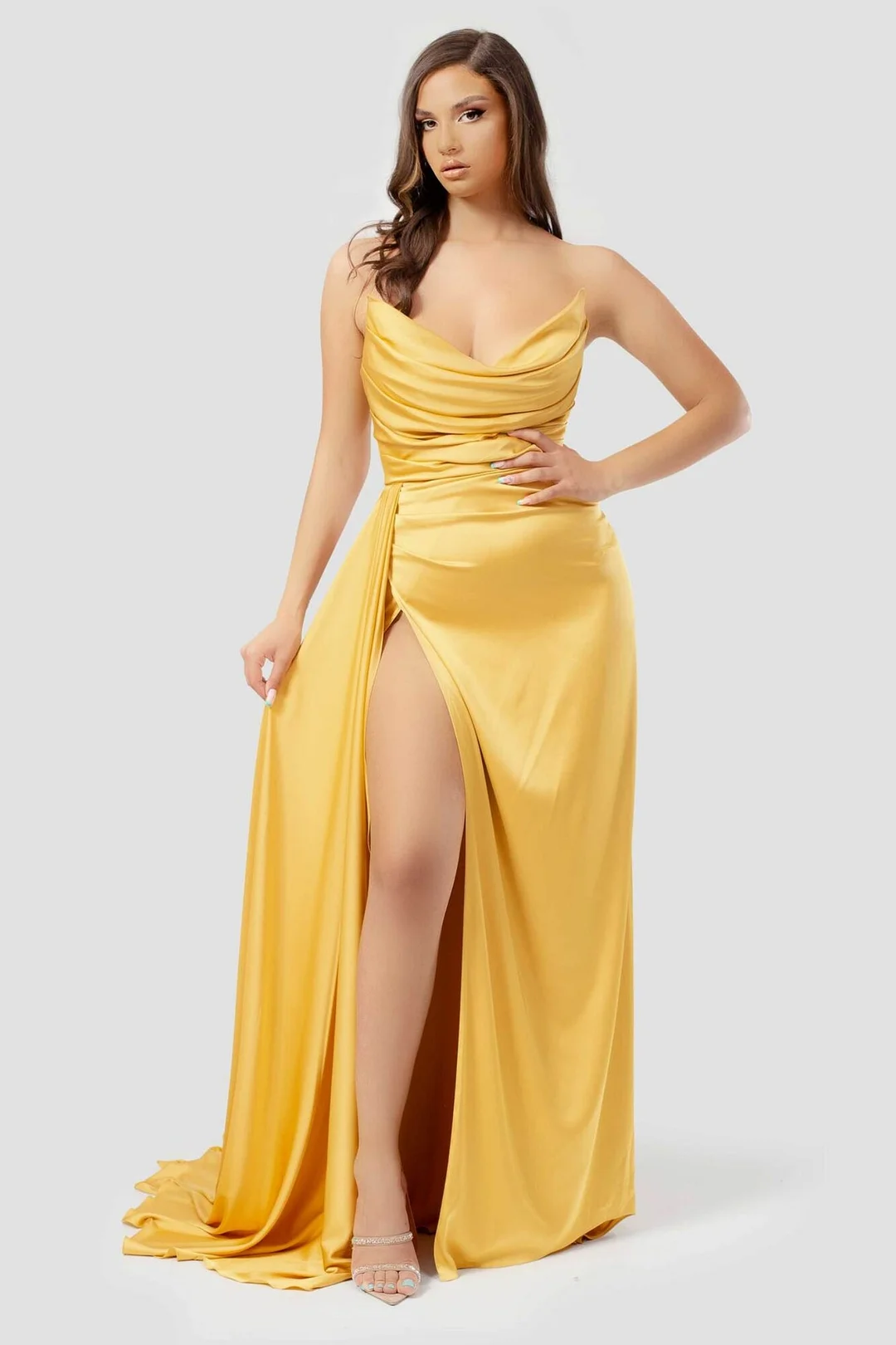 Yellow Long Prom Dress With Pleated High Slit Strapless Sleeveless YL0188