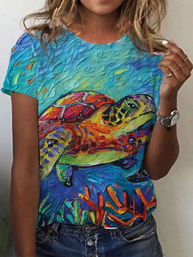 🔥Buy 3 Get 10% Off🔥Women's Oil Painted Turtle Print Crew Neck T-Shirt