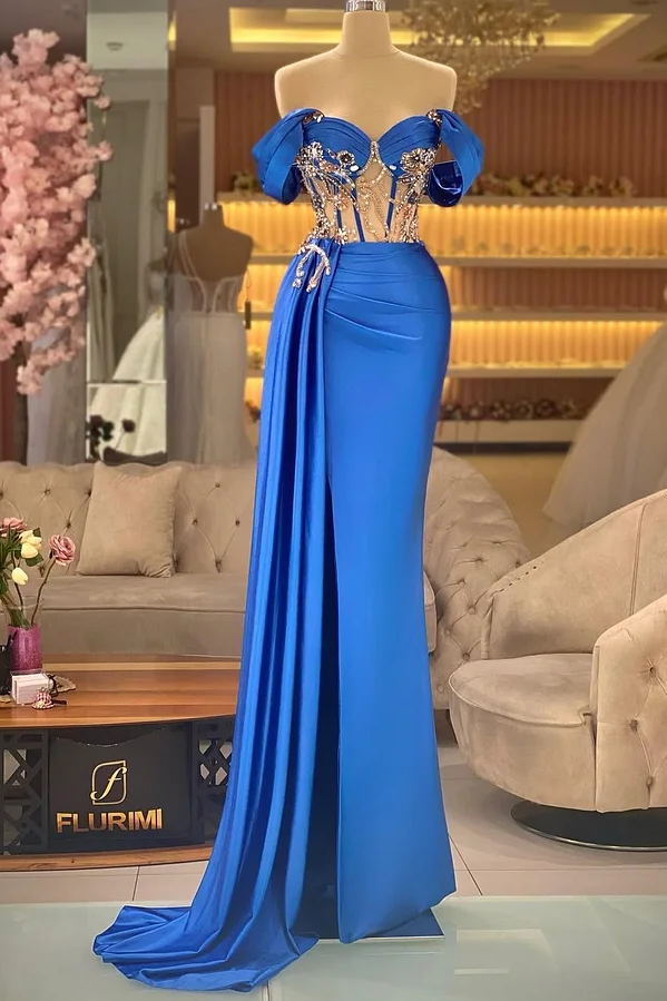 Daisda Blue Sleeveless Off-Shoulders Mermaid Beads Prom Dress