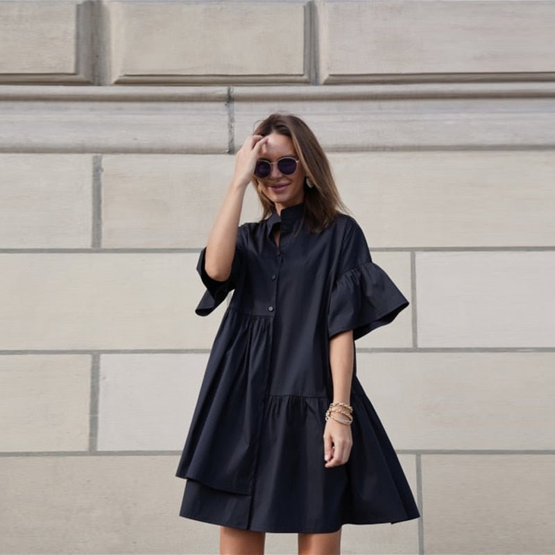 MUICHES Short Butterfly Sleeve Loose Mini Dress Woman Casual Single Breasted Stand Collar Fashionable Dress 2021 New Summer