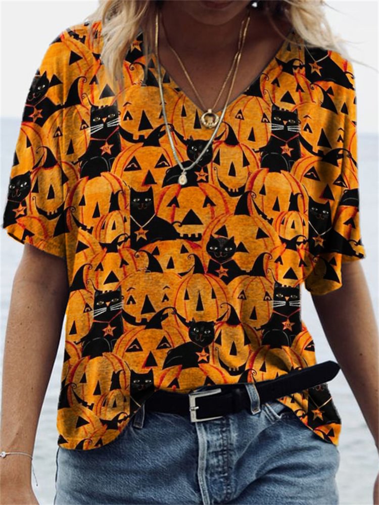 Halloween Black Cats & Pumpkins V Neck T Shirt