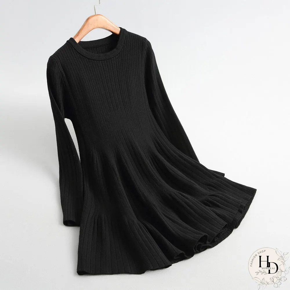 Spring Autumn Sexy Mini Dress Women O-Neck Long Sleeve Elastic Waist Korean A-Line Knitted