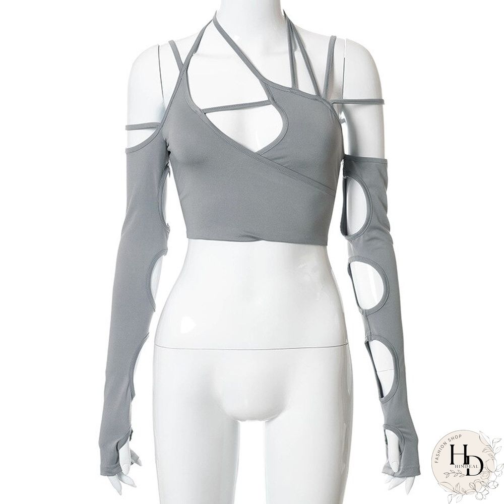 Punk Women Halter Tops Gothic Egirl Patchwork Long Sleeve Crop Top Sexy Cut Out Casual T-shirts