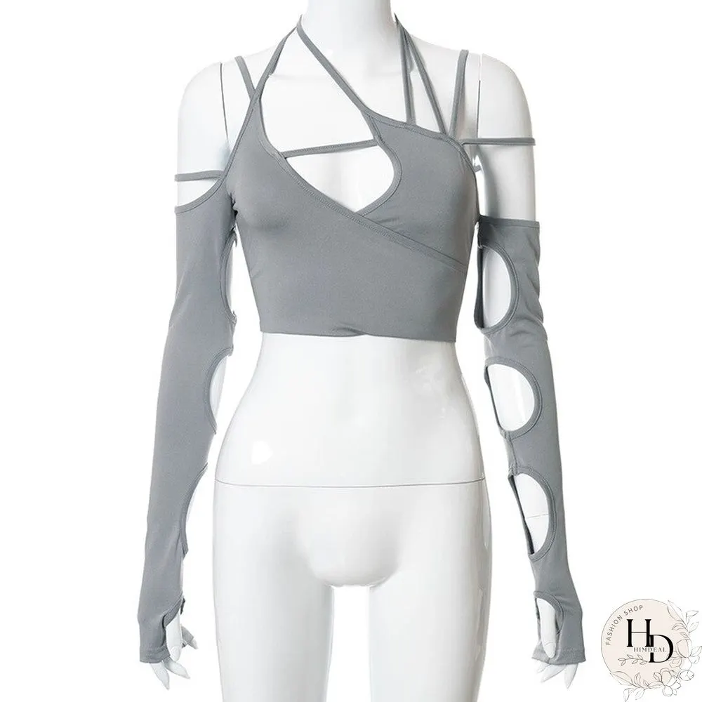 Punk Women Halter Tops Gothic Egirl Patchwork Long Sleeve Crop Top Sexy Cut Out Casual T-shirts