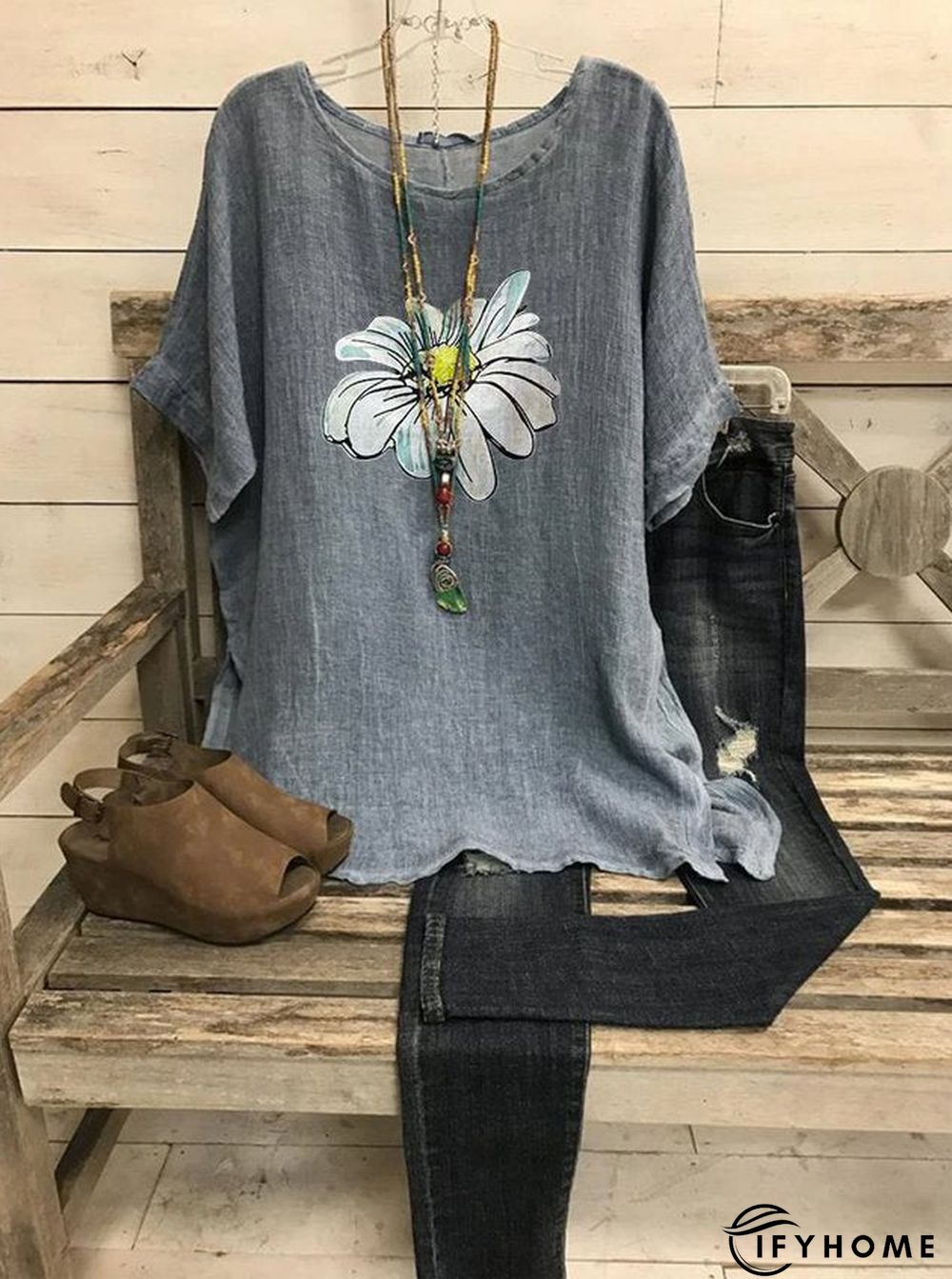 Summer Scoop Neck Casual Loose Daisy Printed T-Shirt | IFYHOME