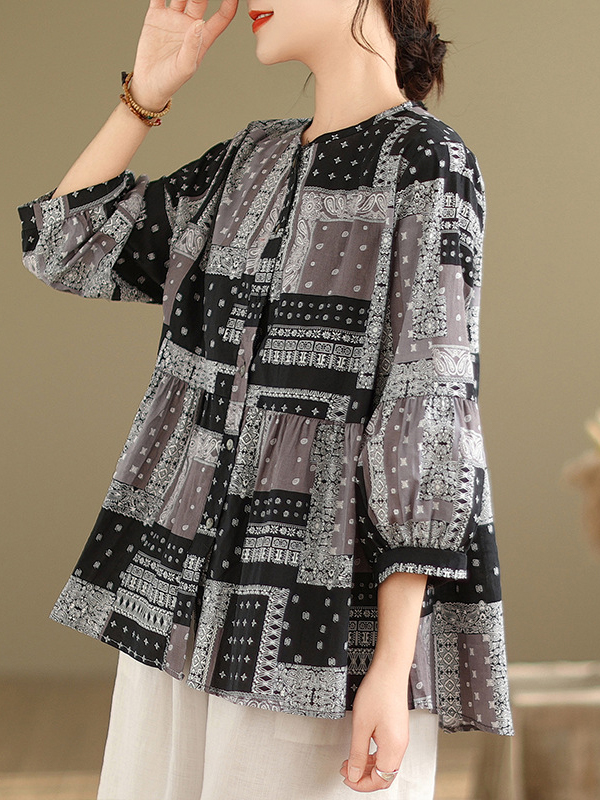 Patchwork Geometric Pattern Bell Shaped Sleeve Round Neck Top