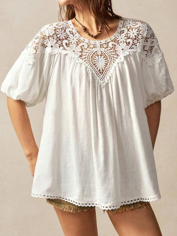Lace Floral Detail Puff Short Sleeve Solid Color Loose Blouses