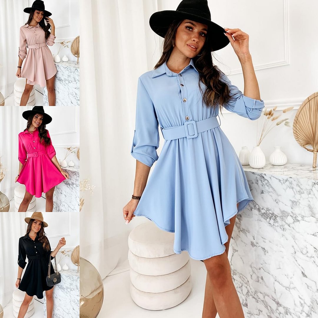 Dress Spring Women's Clothing Solid Color Rolled Sleeves Waist-tight Shirt