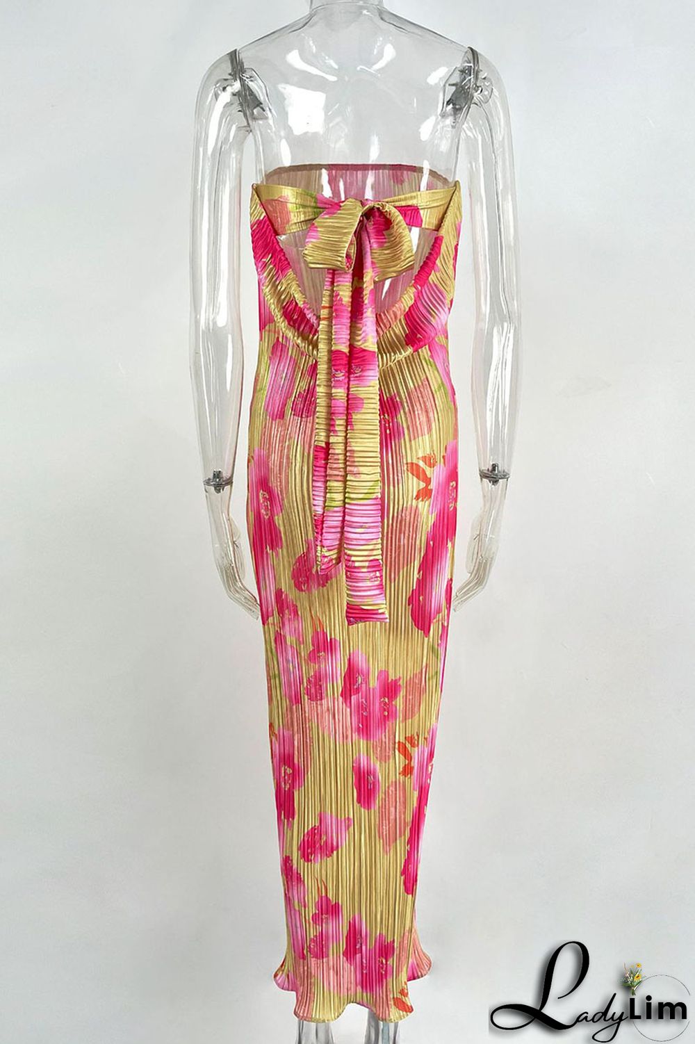 Tangerine Sexy Print Patchwork Fold Strapless Pencil Skirt Dresses