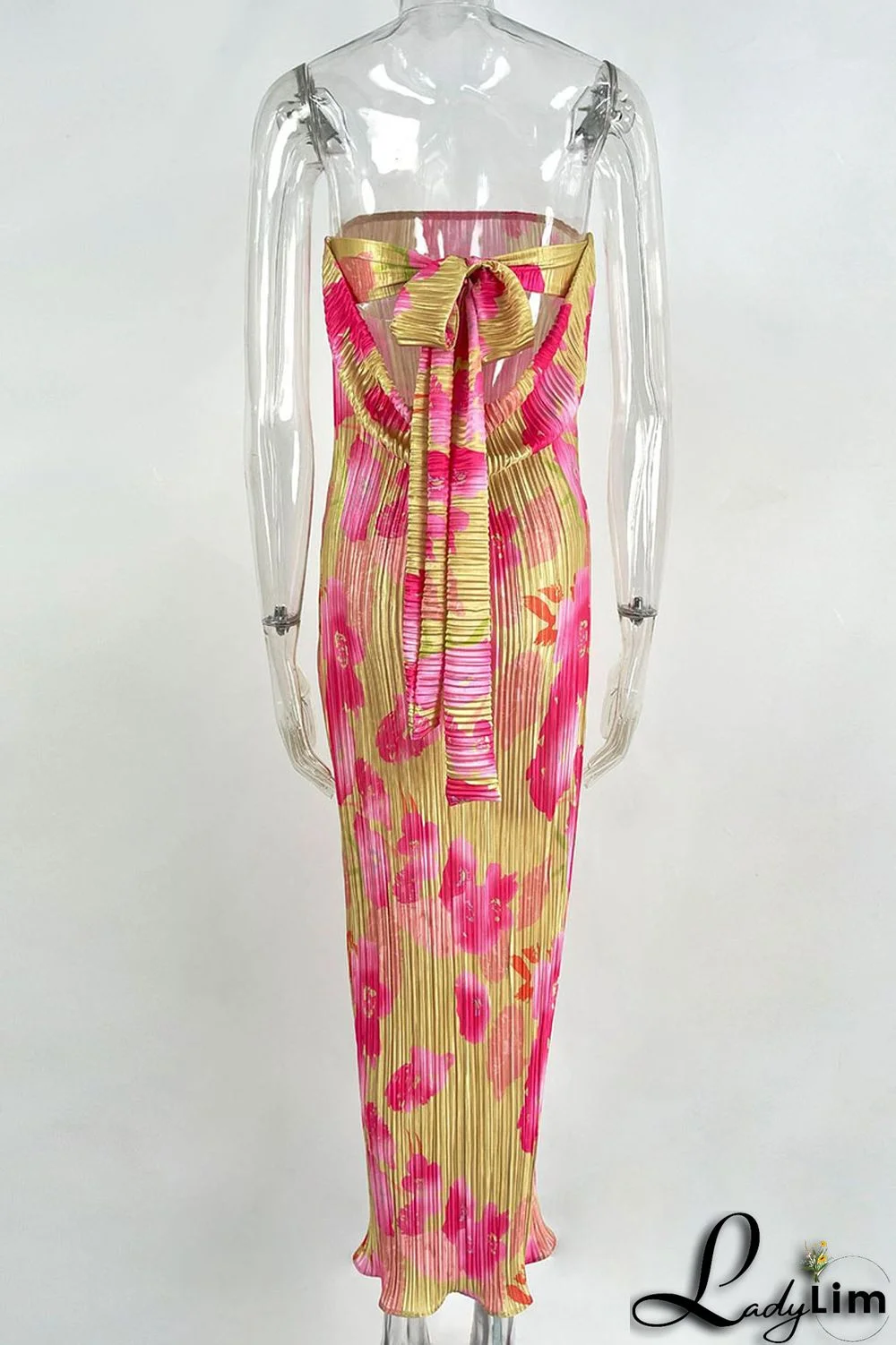 Tangerine Sexy Print Patchwork Fold Strapless Pencil Skirt Dresses