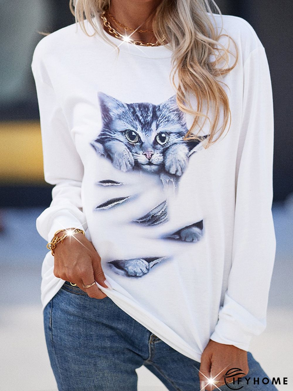 Animal Crew Neck Cotton-Blend Casual Hoodies & Sweatshirt | IFYHOME