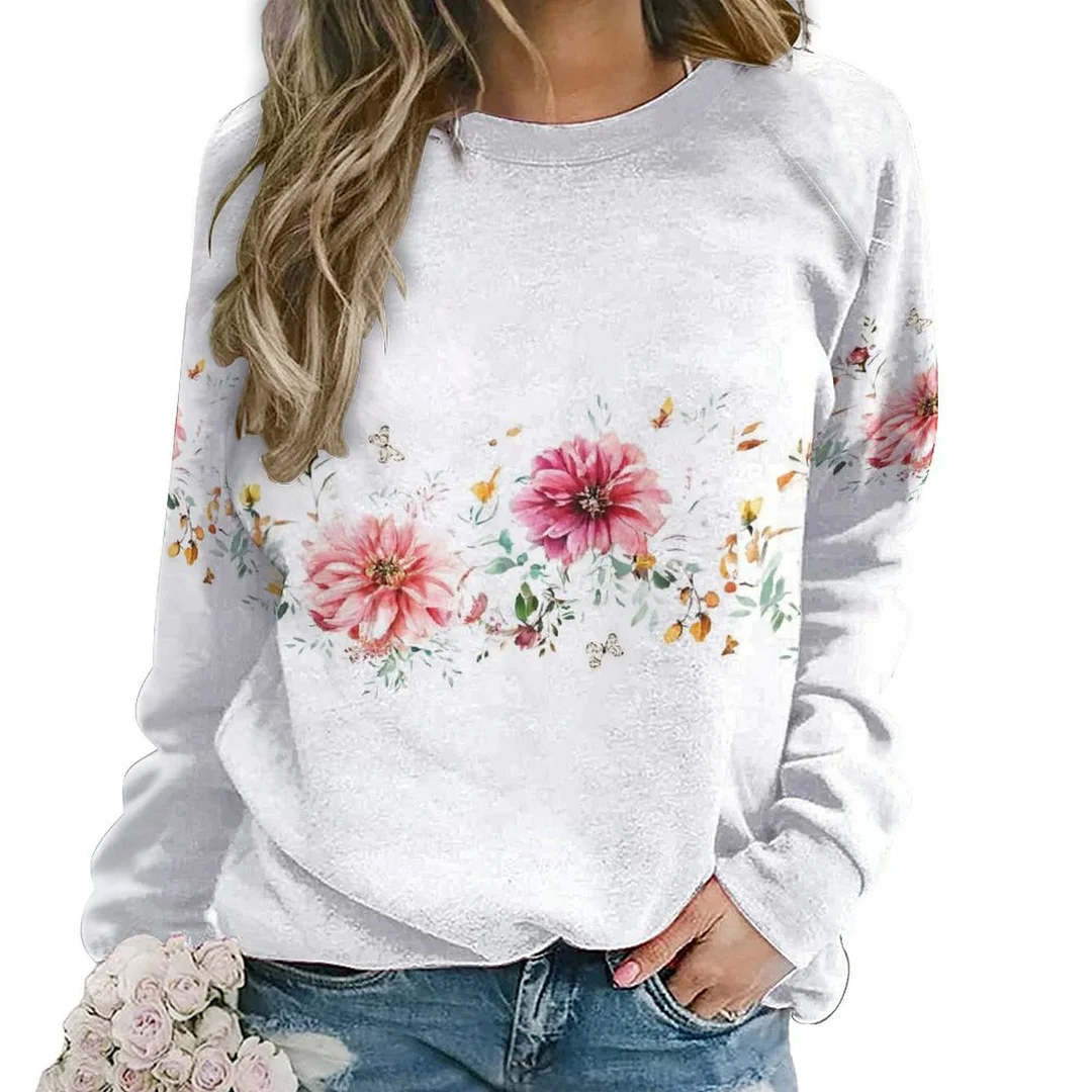 Printed Long Sleeve Casual Sweatshirt for  Women and Men Unisex Pattern Floral, Yellow, Pink