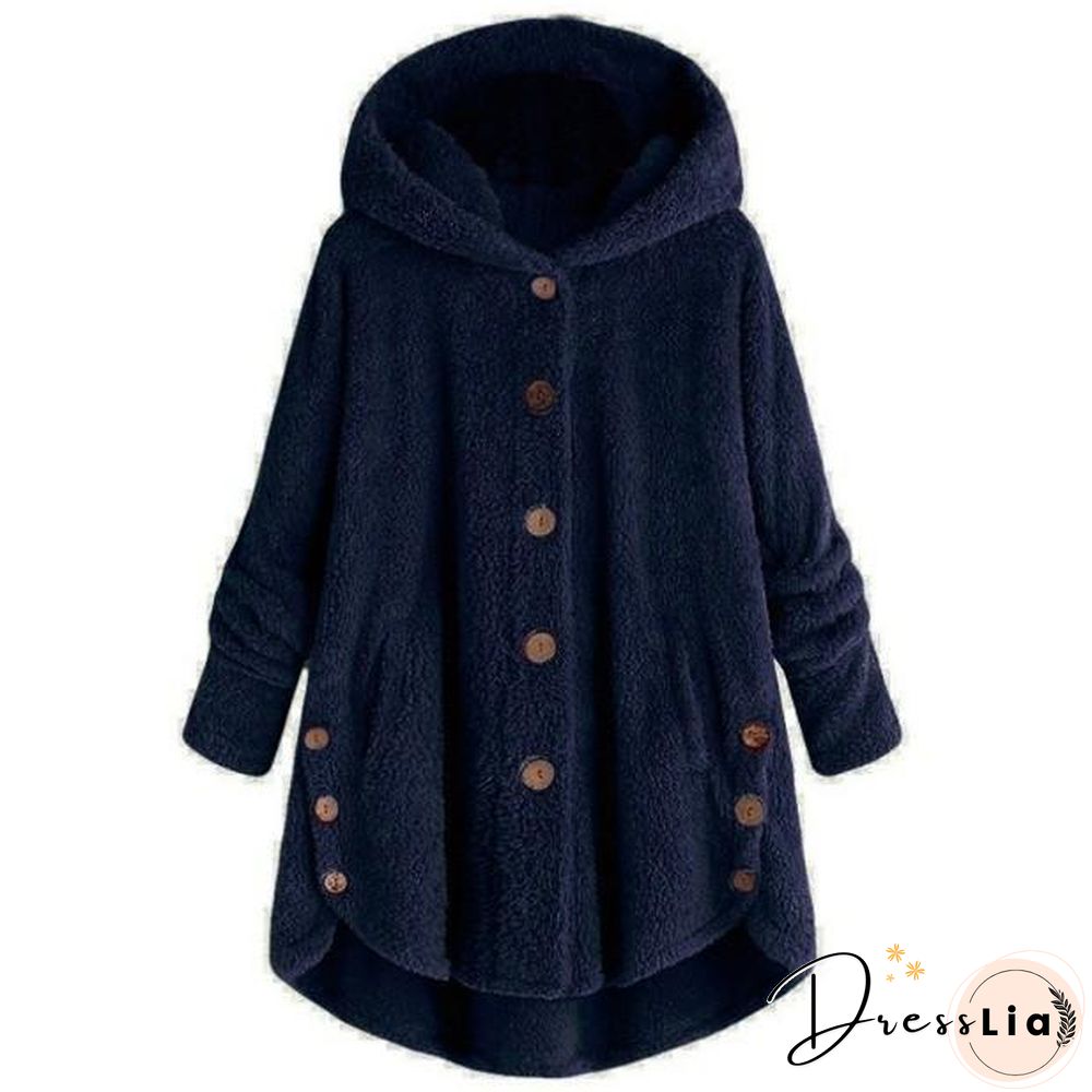 Button Solid Color Warm Coat With Hood