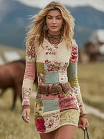 Women's Vintage Patchwork Floral Art Cozy Knit Mini Sweater Dress