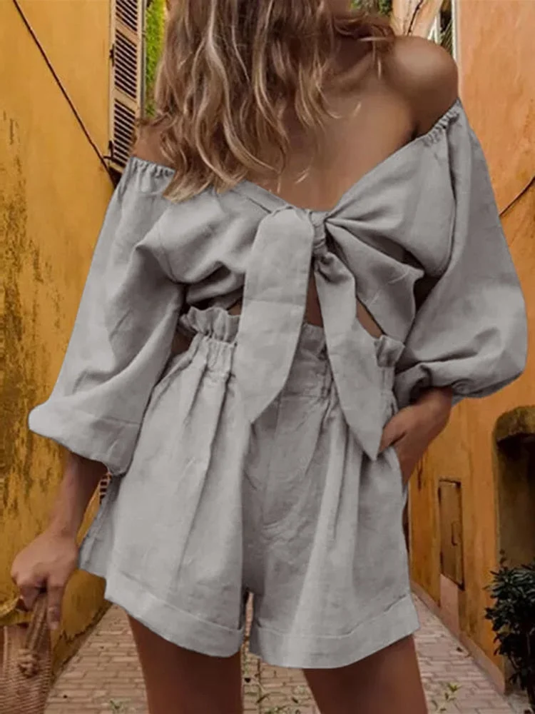 Fashion 2 Pieces Sets Street Women  Off Shoulder 3/4 Sleeve Crop Tops and Short Pants Sets 2023 Summer Matching Sets