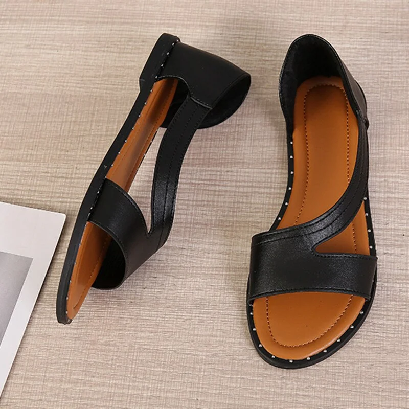 Qengg Summer Comfortable Slip-on Ladies Sandals New Rivet Casual Beach Shoes Women Flat Lightweight Open Toe Breathable Black Sandals