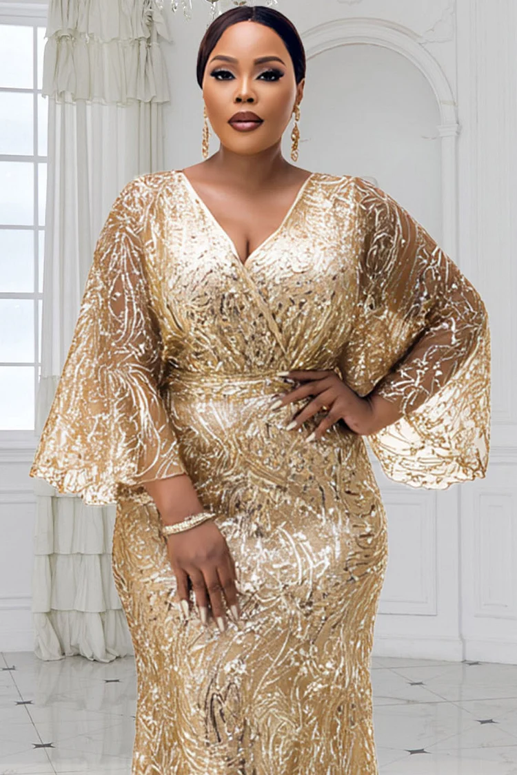Xpluswear Design Plus Size Formal Gold Wrap Neck Flare 3/4 Sleeve Bodycon Elegant Maxi Dresses [Pre-Order]