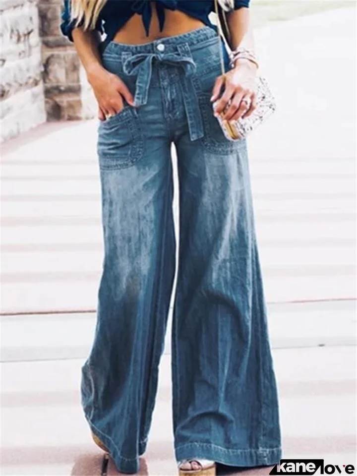 Relaxed Fit Washed Effect Front Pocket Wide Leg Denim Trousers