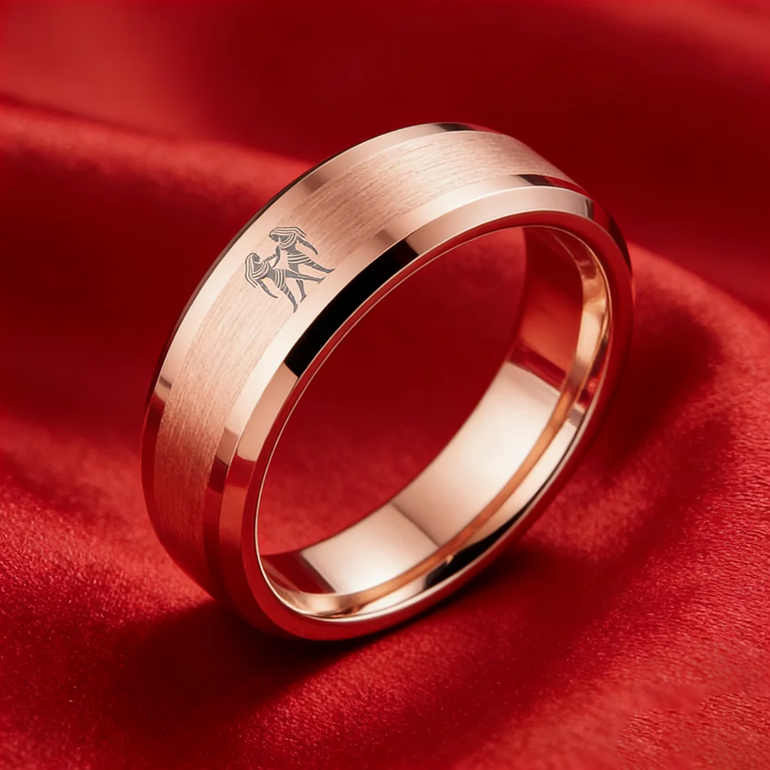Rose Gold Gemini Tungsten Carbide Ring Beveled Edges Rose Gold Laser Etched Couple Wedding Bands 4MM 6MM 8MM