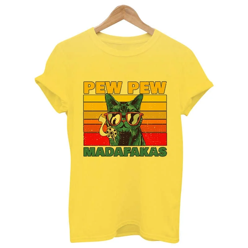 Murderous Black Cat With Gun Funny White T Shirt Pew Pew Madafakas Print Oversized T-shirt Women Short Sleeve Top Female Tshirt